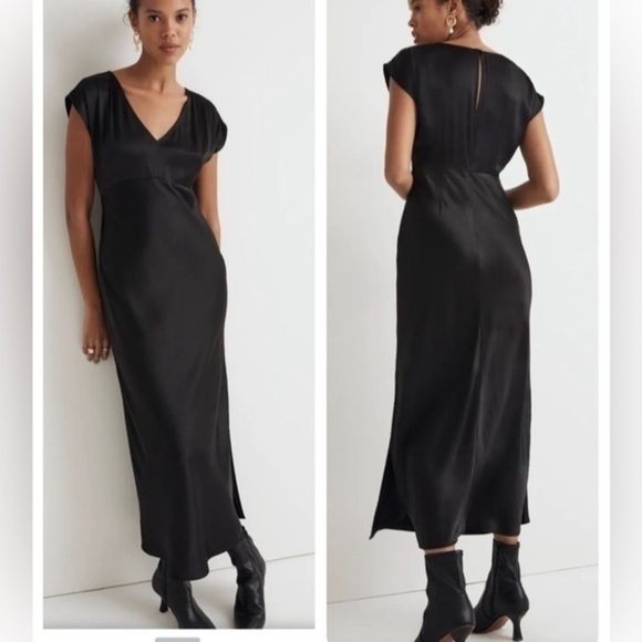 Madewell Dresses & Skirts - Madewell Wide V Neck Drapey Satin Midi Dress Black Size 6 NWT